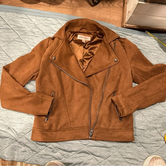 PHILOSOPHY XS WOMENS JACKET FAUX LEATHER BROWN EXCELLENT CONDITION - Picture 1 of 10